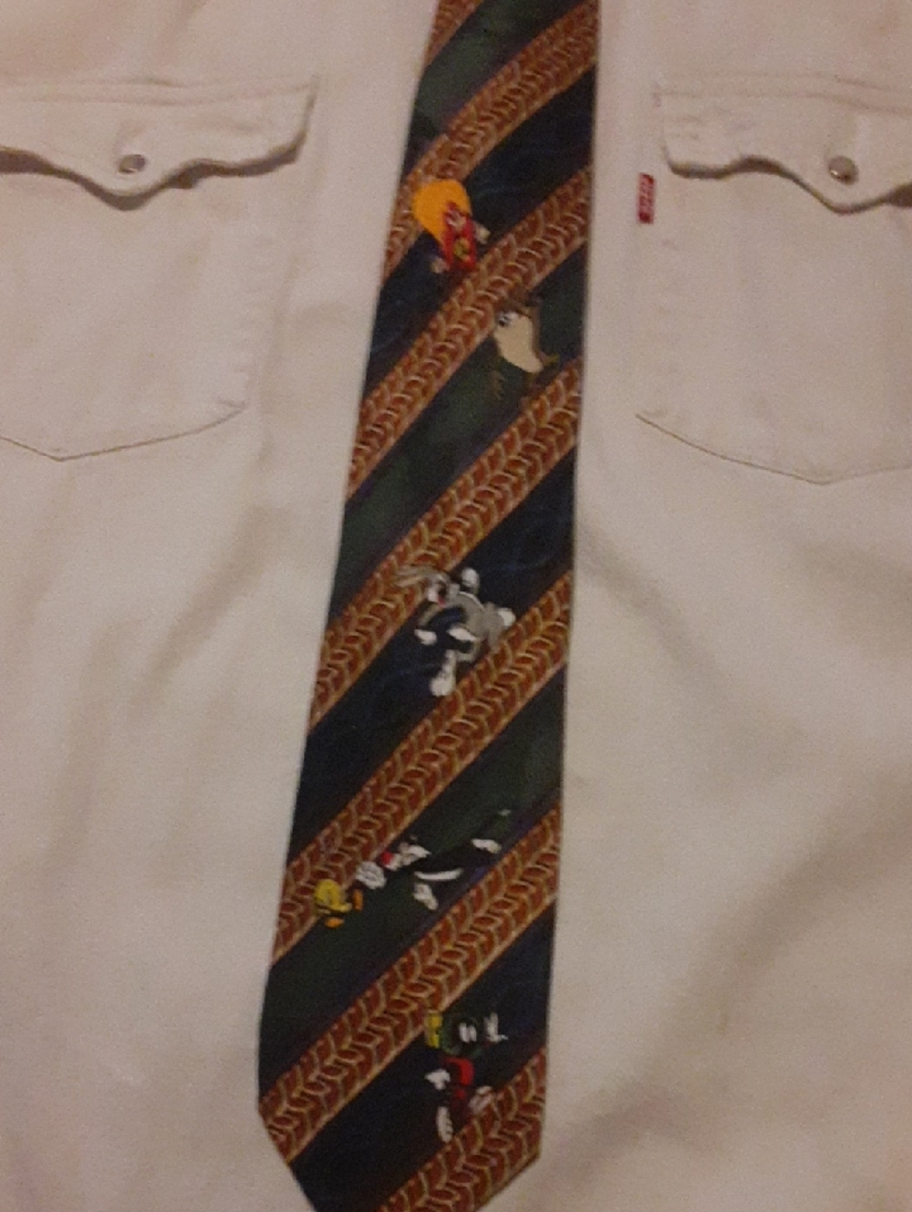 Warner Bros. Dark Green Striped Tie with Cartoon Character Accents